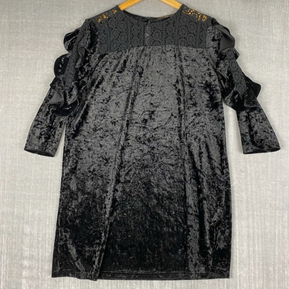 Mini Dress Womens XL Black Velvetโ Whimsigoth 3/4 Sleeve Ruffle Crochet Lace